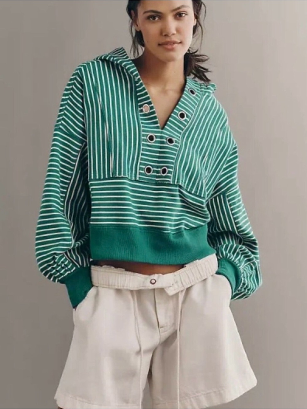 Anthropologie Pilcro Striped Green Hoodie Pullover Sweatshirt, size small